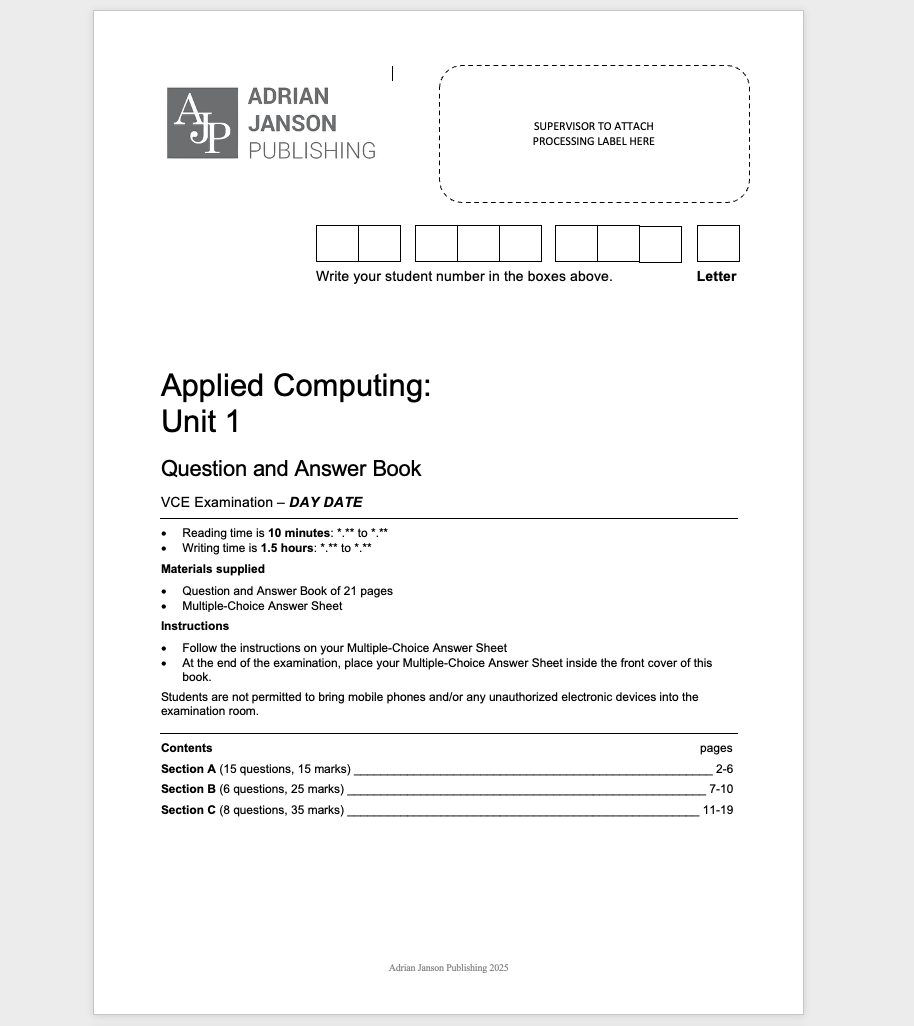 VCE Applied Computing Unit 1 Exam, 2025