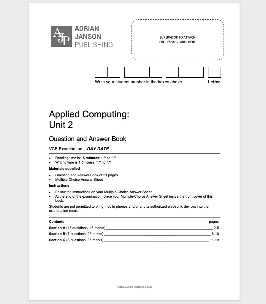 VCE Applied Computing Unit 2 Exam, 2025