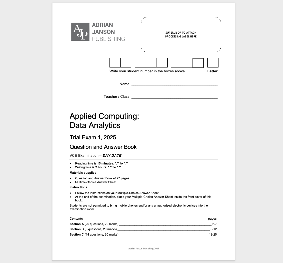 VCE Data Analytics Trial Exam 1, 2025