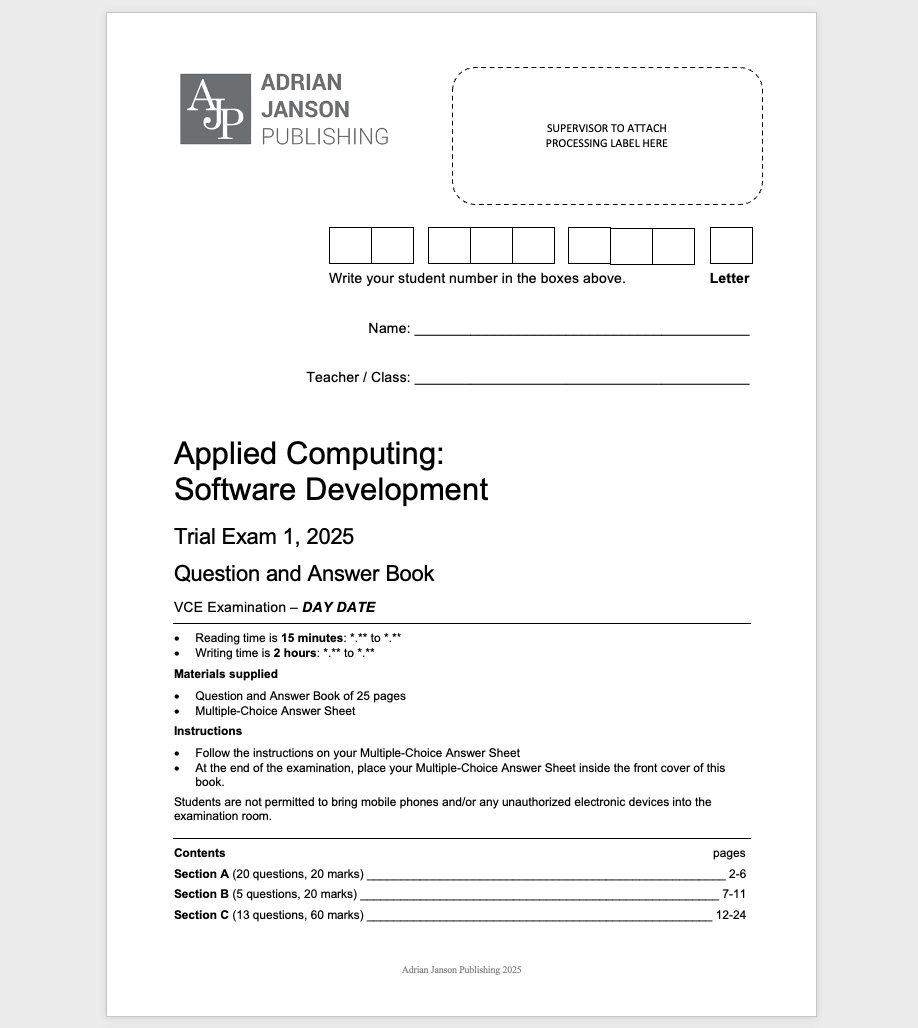 VCE Software Development Trial Exam 1, 2025