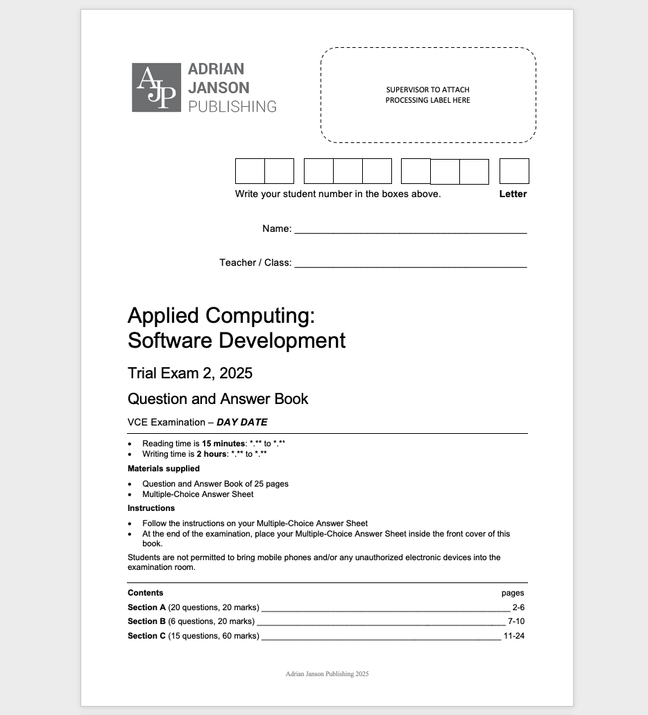 VCE Software Development Trial Exam 2, 2025