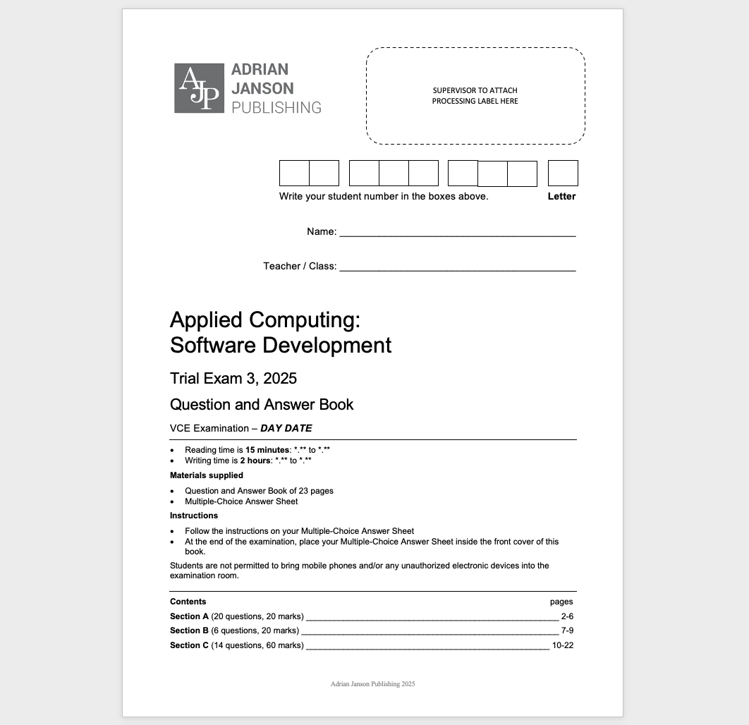 VCE Data Analytics Trail Exam 3, 2025