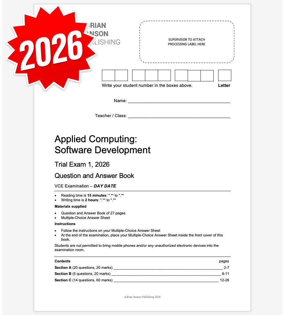 VCE Software Development Trial Exam 1, 2026