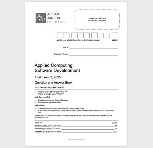 VCE Data Analytics Trail Exam 3, 2025